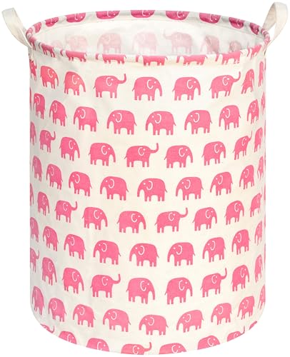 Image of KUNRO Round Laundry Gift Basket Storage Hamper, Kids Toys and Clothes Storage Organizer Bins, Toy Shelf Basket with Handles for Room Decor (Pink Elephant)