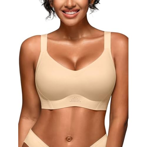 Supportive Jelly Bras for Women No Underwire - B-DD Cup Seamless Wireless Lifting Bra for Older, Plus Size Padded T-Shirt Bra Skin Medium