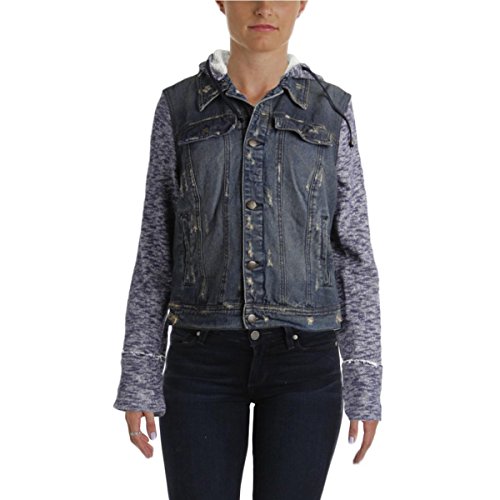 Free People Womens Knit Sleeve Distressed Denim Jacket Blue M