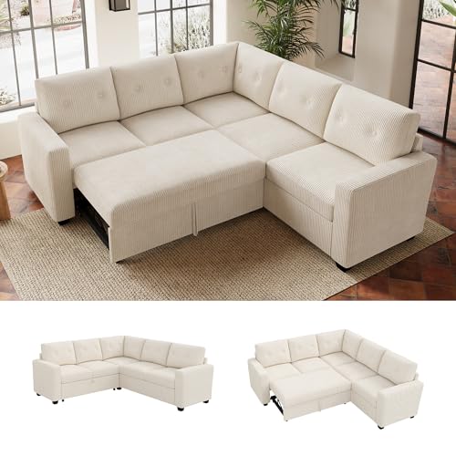 Image of HONBAY 5-Seater U-Shaped Sectional Sleeper Sofa with Pull-Out Bed, Corduroy Sectional Sofa for Living Room, Beige