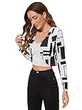 WDIRARA Women's Geometric Print Long Sleeve Crop Blazer Open Front Work Office Jacket Black and White XS