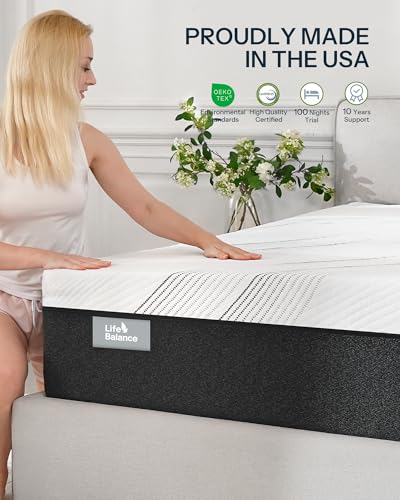 Image of Life Balance Queen Hybrid Mattress 12 Inch, Made in USA, Medium, Copper Gel Memory Foam， Hypoallergenic & Odorless, Motion Isolation & Pressure Relief, Mattress in a Box