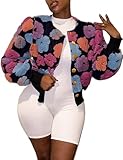 Flygo Women's Cropped Floral Print Bomber Jacket Warm Fleece Varsity Jacket Casual Button Down Puff Sleeve Coat Outerwear(Pink-S)