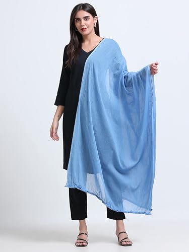 Image of Miraan Solid Pure Cotton Dupatta with Pom Pom Border, 2.25 meters length (DUPCOTTON)