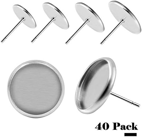 BronaGrand 40pcs Stainless Steel Stud Earring Cabochon Setting Post Cup Fit for 12mm,10mm,8mm,6mm(4 Sizes)