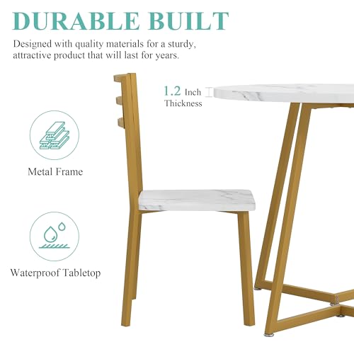 Image of VECELO Small Round Dining Table Set for 2, Wood Tabletop with Strong Metal Frame, Modern Dinette with Chairs for Kitchen, Breakfast Nook Living Room, White and Gold