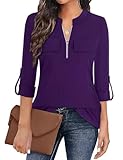 Gemulate Womens Tops 3/4 Sleeve Shirt with Half Zip Purple Blouses for Women UK V Neck Polo Shirt Ladies Long Roll Up Sleeve Going Out Tops Dark Purple XL