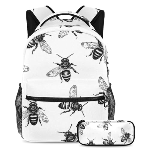 Cartable abeilles noires et sac à dos scolaire avec trousse assortie pour la rentrée