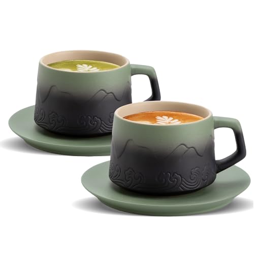 ZENS Cappuccino Cups with Saucers Set of 2, 240 ml Artistic Embossed Ceramic Cappuccino Mug for Au Lait, Gradient Moss Green Cappuccino Coffee Cups for Latte Art, Cafe Mocha or Tea, Baristas Gifts