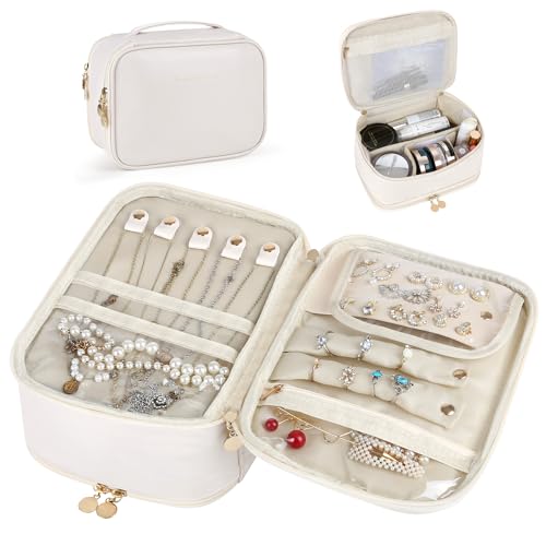 Kendal Large Capacity Travel Makeup Organizer with Jewelry Storage, PU Leather Travel Toiletry Bag with Brush Holders, Zipper Pockets & Clear Divider, Travel-Friendly Vanity Case for Women, Beige
