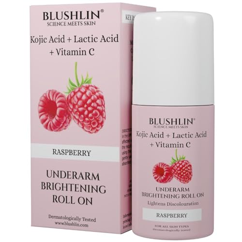 Image of BLUSHLIN Kojic Acid UnderArm Brightening Roll on with AHA | Lactic Acid, Mandelic Acid, Raspberry, & Vitamin C | Prevents Body Odour, Fades Pigmentation, Kills Bacteria | Suitable for Sensitive Skin