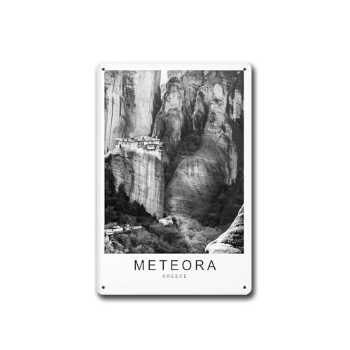 Metal Signs Meteora Greece モノクロ シンプル ホーム 旅行 壁装飾 オフィス ホーム 教室 浴室 洗面所 装飾 20.3x30.5 cm ブリキ看板