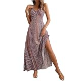 Vestido Coctel Mujer, Vestido Mujer para Comunion Vestidos Midi Vestidos Largo De Verano para con Estampado Floral Escote En V Sin Mangas Y Aberturas Estilo Bohemio Ideal Paras La Playa De Verano