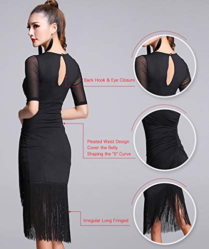 Zx Women's Ballroom Dance Costume V Neck Pleated Long Fringed Tango Salsa Latin Dance Dress With Shorts, Black, Medium #TOP3