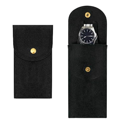 HZONGMINGZT Single Travel Watch Pouch Portable Watch Storage Pouch Flannel Watch Bag with Snap Button for Travel Outdoor Watch Jewelry Organizer (Black)