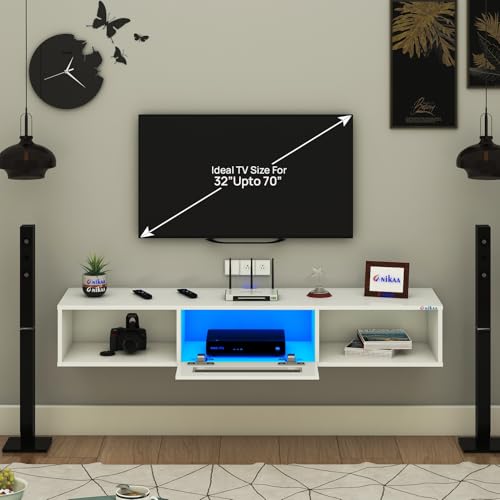 Image of Anikaa Novus Wall Mount Modern Floating TV Unit for Living Room with Open Shelf Storage Cabinet & Middle Cabinet Blue LED Light (Ideal for 32 to 65 inch TV, DIY Installation, White Finish)