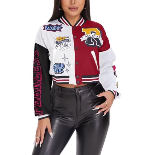 jeecoin Women's Varsity Jacket Cropped Colorblock Letter Print Baseball Bomber Jackets Vintage Streetwear Fashion Coats
