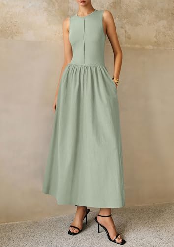 Image of PRETTYGARDEN Maxi Dresses for Women 2026 Summer Casual Sleeveless Patchwork Flowy Vacation Sundress Knit Long Work Tank Dress