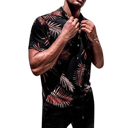 Men's Tops Hawaiian Printed Palm Shirt Short Sleeve Button Down Baggy T Shirts Casual Beach Holiday Sports Party Pullover Tee Tops (XL, Black)
