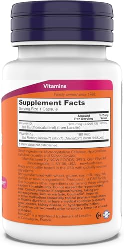 Image of Now Supplements, Mega D-3 & MK-7, 5000 IU / 180 mcg, Bone & Cardiovascular Support*, Vitamins K-3 & K-2, 180 Capsules