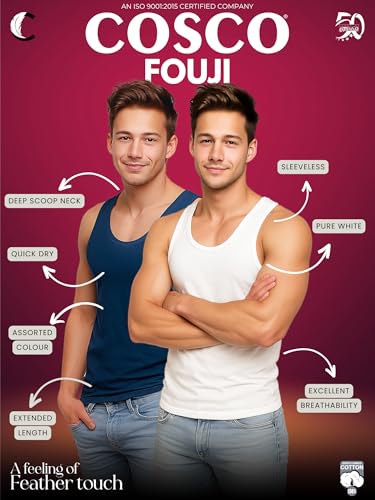 Image of COSCO FOUJI 100% Combed Cotton Vest for Men Sleeveless Multicolor Pack of 5 | Regular Fit, Deep Round Neck, Large Armholes, Tagless, Breathable, Sweat Absorbent, Stretchable, Assorted Colors May Vary