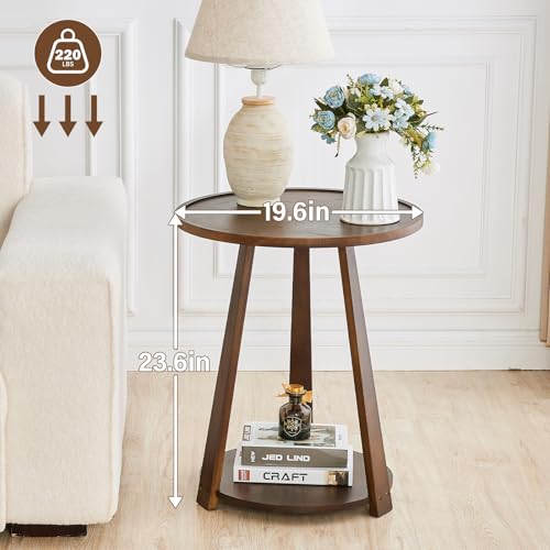 Image of Uniclinens Round End Table, Solid Wood Round Side Coffee Table, Small Bedside Nightstand for Living Room Bedroom, Walnut