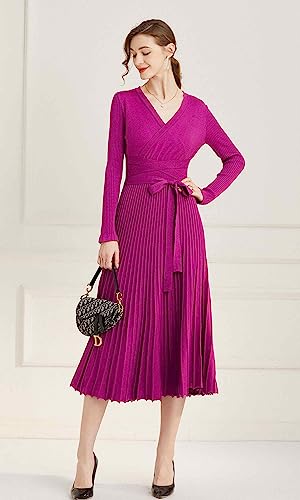 Image of Women's Long Sleeve Sweater Dress Ankle Length Fall Dress Vneck Knit Winter Dress