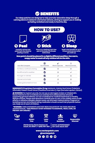 Image of Nectar Sleep Patches for Adults - Melatonin Patch with Valerian | Sleep Support Sticker for Restful Nights | Sleepy Stickers a Restful Night - Sleeping Patches for Men & Women | 10 Count