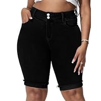 Gocolloa Womens Plus Size Jean Shorts Stretchy High Waisted Ripped Roll Hem Denim Bermuda Shorts 10" Inseam Black 24W