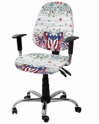 4th of July 2 Pieces Computer Office Chair Covers Set,Stretchable Desk Rotating Chair Seat Cushion Slipcover Back Covers,American Flag Star Butterfly Eucalyptus Leaf Slipcover Back Cover Protector