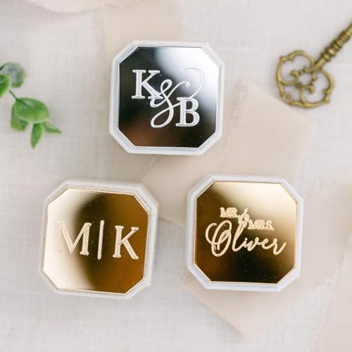 XFYSDIY Custom Engraved Gold Mirror Triple Slot Linen Ring Box, Engagement Wedding Ring Holder, Triple Slot, Acrylic Top Octagon/Square Ring Box, Engraved Gift For Couple