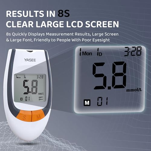 yasee Blood Glucose Monitor Meter, Diabetes Testing Kit Blood Sugar Tester, 50 Test Strips, 50 Lancets, Portable Diabetic Glucometer - for UK Diabetics in mmol/L,Home Use