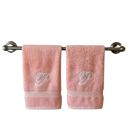 Decorvo Pink Monogrammed Hand Towels for Bathroom - Luxury Hotel Quality Personalized Initial Embroidered Towel for Powder Room, Spa - GOTS Organic Certified - Set of 2 White Letter P
