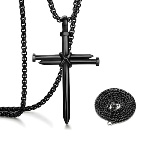 KAUEGOW 2 PCS Nail Cross Pendant for Car, Auto Rear View Mirror 3-Nail Jesus Cross Pendant, Religious Stainless Steel Necklace Hanging Ornament for Sedan Truck SUV, Car Accessories (Black)