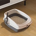 Cat Litter Tray Box, Litter Box, Plastic Cat Open Top Litter Tray with Free Scoop Kitten Detachable Rim Easy Cleaning,49 x 38 x 23cm (Dark Grey)