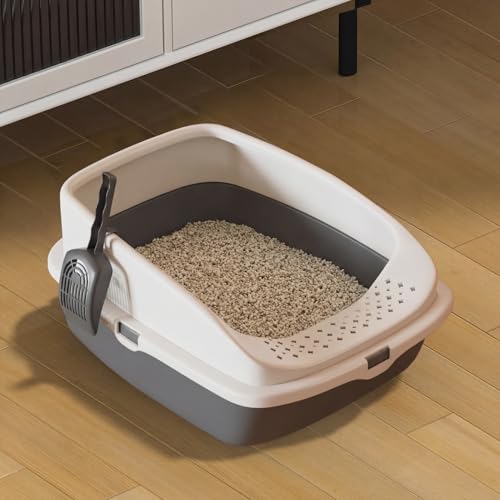 Cat Litter Tray Box Litter Box Plastic Cat Open Top Litter Tray with Free Scoop Kitten Detachable Rim Easy Cleaning 49 x 38 x 23cm (Dark Grey)