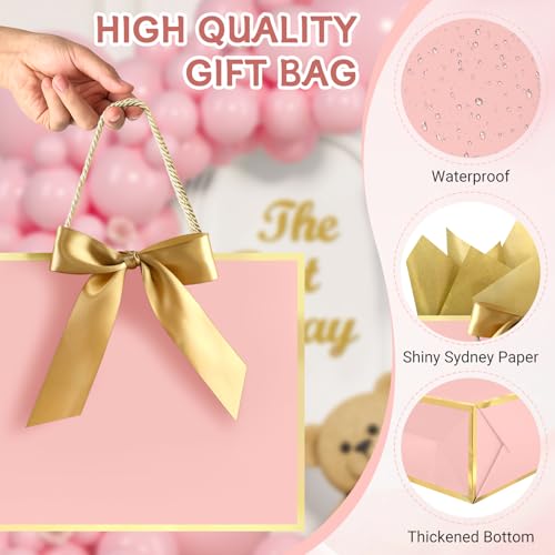 Image of JMANNI Gift Bags with Handles, 11 inch Small Gift Bags with Tissue Paper | 2 Pcs Pink Bags, 4 Tissue Paper and 2 Cards, for Baby Shower, Wedding Bridal Shower, Birthday Party