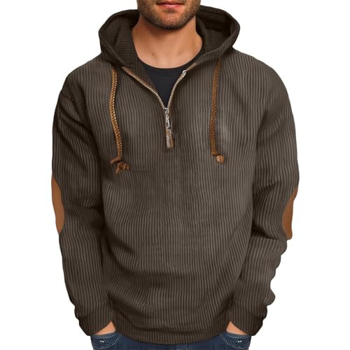 Mens Corduroy Hoodie Quarter Zip Casual Drawstring Hooded Long Sleeve Sweatshirt with Elbow Patches Textured Pullover