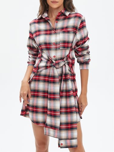 Flannel Plaid Dresses for Women Christmas Tie Front Long Sleeve Tunic Button Down Shirt Mini Dress4