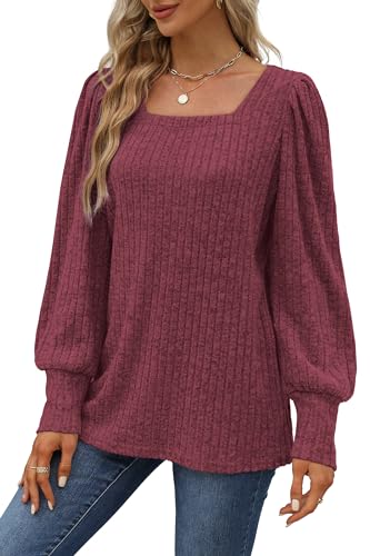 Image of WIHOLL Long Sleeve Shirts for Women Trendy Casual Square Neck Tops Lightweight Sweaters