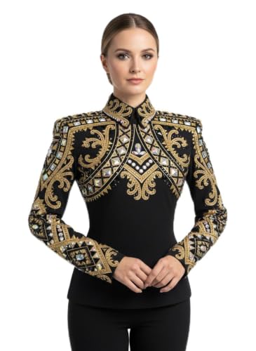 Women's Black Equestrian Show Shirt with Gold Embroidery