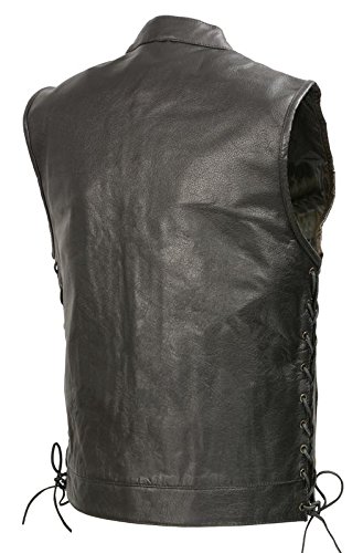 Mens SOA Leathe Club Style Vest W/Concealed Gun Pockets, Side Lace, Premium Buffalo Leather Biker Vest, Patches Friendly (Black, 2X)
