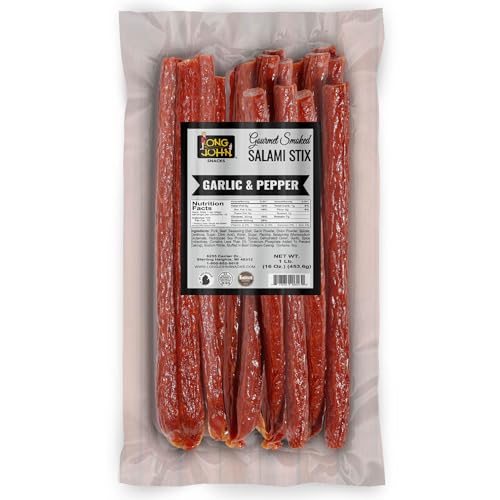 Long John Snacks Dried Salami Sticks - High Protein Smoked Meat Sticks Bulk Pack - Handcrafted From Fresh, Never-Frozen Cuts of USA Beef and Pork - Low Carb, Keto Snacks - Garlic and Pepper, 16 Oz