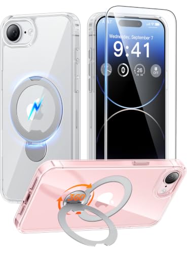 Image of FNTCASE for iPhone 17e Case: iPhone 16e Phone Case [360 Spin Magnetic Stand] Compatible with Magsafe Screen Protector Clear Magnetic Phone Cases Anti Yellowing Shockproof Protective Phone Cover Clear