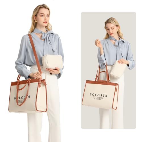 Laptop Tote Bag for Women Fits 15.6 Inch Laptop Canvas Work Tote Bags for Women Large Capacity Computer Bag Briefcase Handbag with Makeup Bag, Ideal Gift for Travel Office Business, Beige2