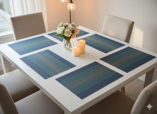 Image of YELONA Rectangular Crossweave Woven PVC Vinyl Non-Slip Insulation Heat-Resistant & Waterproof Stain Resistant Washable Placemat for Dining & Kitchen Table-(Blue,Set of 6)