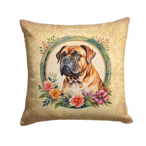 Caroline's Treasures DAC2129PW1414 Dogue de Bordeaux and Flowers Fabric Decorative Pillow Machine Washable, Indoor Outdoor Decorative Pillow for Couch, Bed or Patio, 14Hx14W