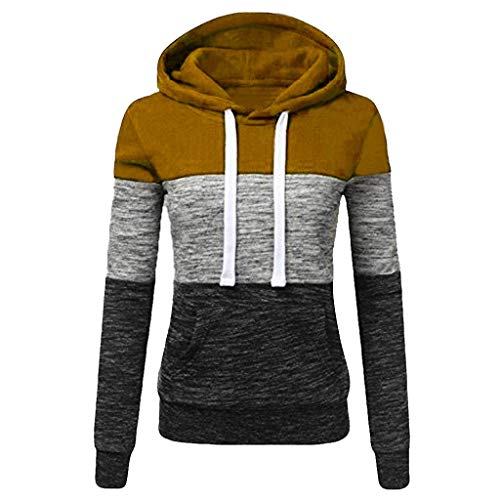 Emimarol Fashion Womens Casual Hoodies Sweatshirt Patchwork Ladies Hooded Blouse Pullove Khaki