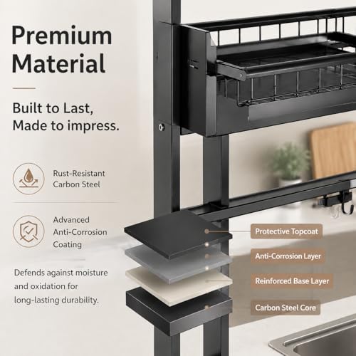 Image of COMFYHOME Over Sink Dish Drying Rack for Kitchen- 2-Tier Carbon Steel Kitchen Organizer with Utensil Holder & Cutting Board Slot - Expandable Length 23.6 inch-39.3 inch(Black)