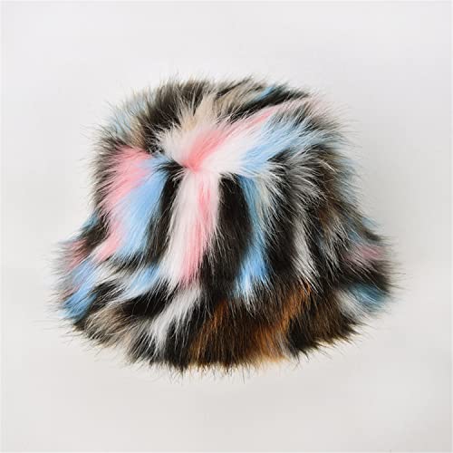 YESBOR Women's Winter Faux Fur Snow Boots Warm Fuzzy Fluffy Bucket Hat Rainbow Fisherman Cap2